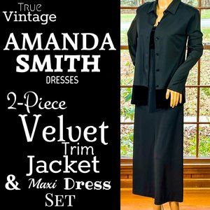 ⭐️HP⭐️VTG▪️AMANDA SMITH▪️2-Piece Black Velvet Trim Jacket & Maxi Dress Set